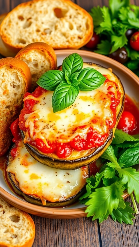 Crispy eggplant parmesan with marinara sauce and melted cheese, garnished with basil, served with salad and bread.